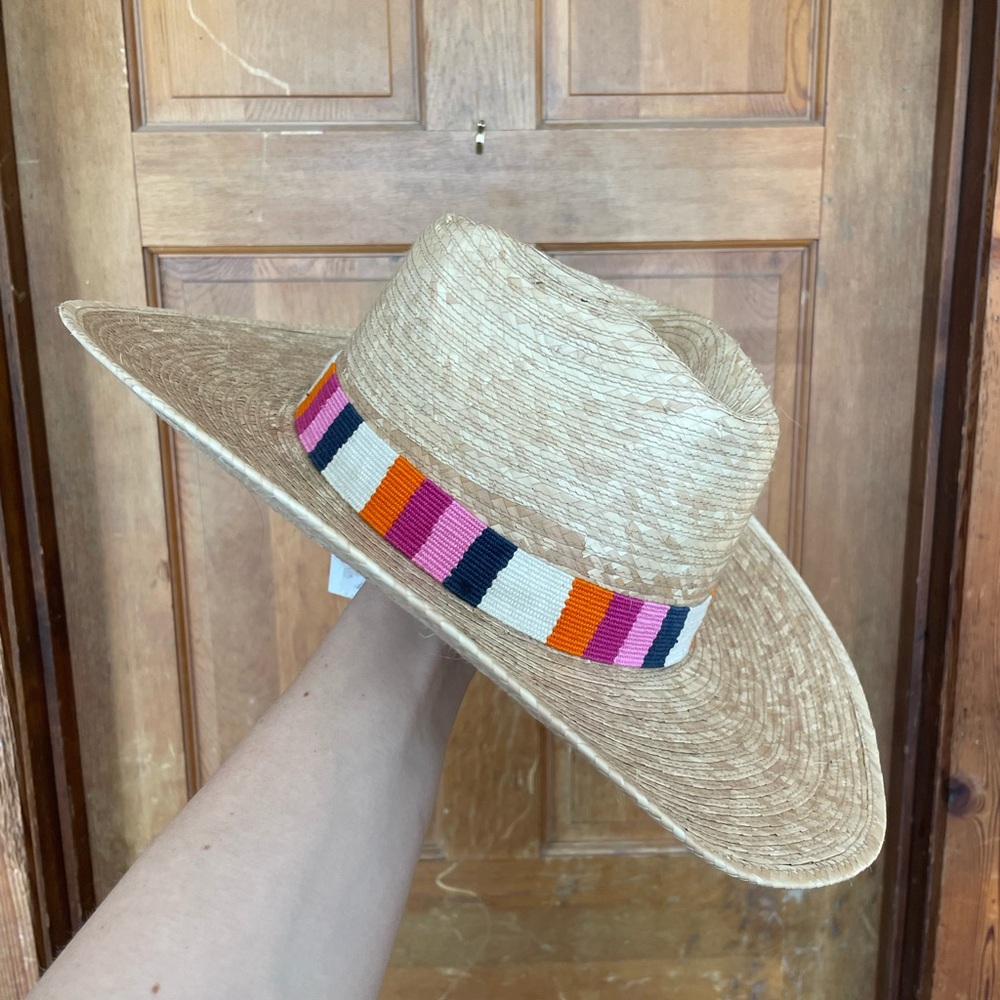 Sunshine Tiends Tan Straw Natural Fiber Hat with Multicolor Woven Band NWT